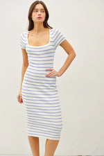 PinkBlush Blue Striped Square Neck Short Sleeve Midi Dress - 