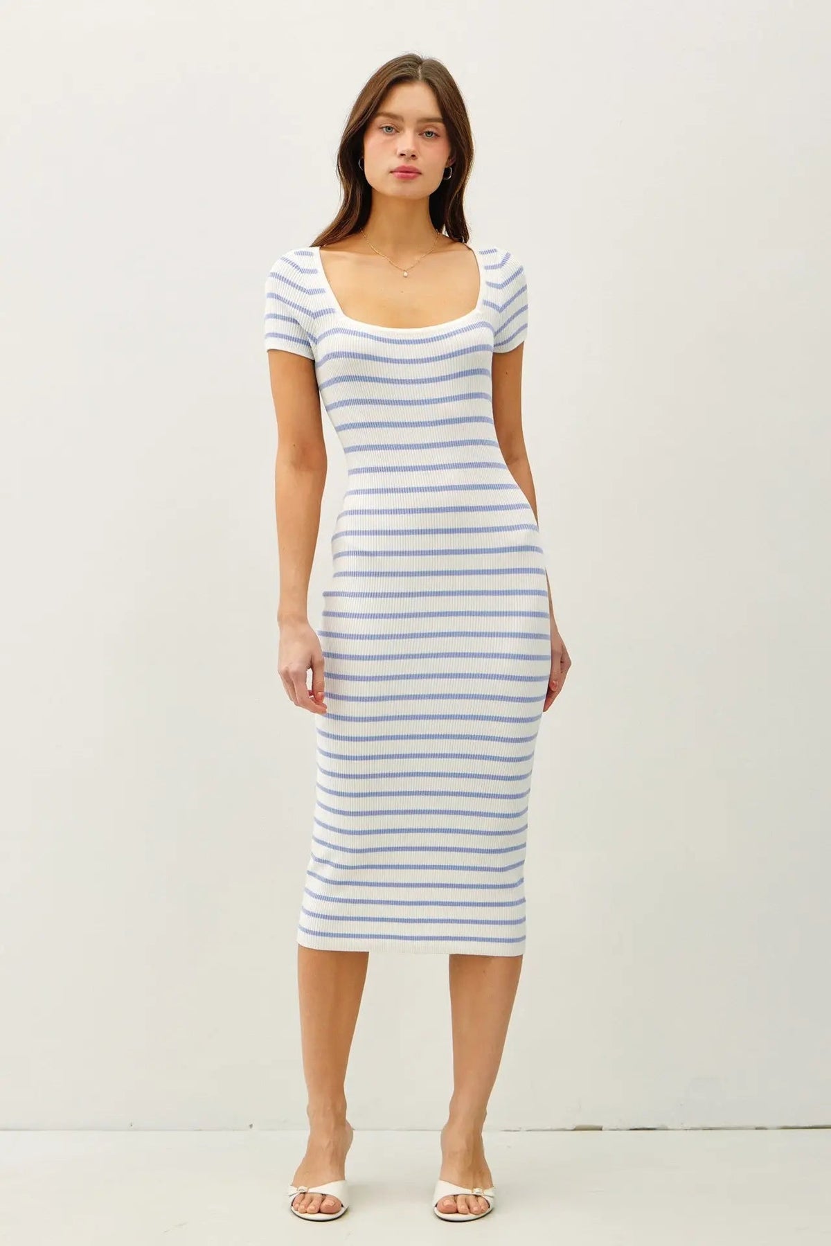 PinkBlush Blue Striped Square Neck Short Sleeve Midi Dress - 