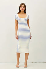PinkBlush Blue Striped Square Neck Short Sleeve Midi Dress - 