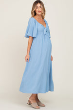 PinkBlush Blue Textured Dot Front Tie Ruffle Sleeve Maternity Midi DressEveretts Place