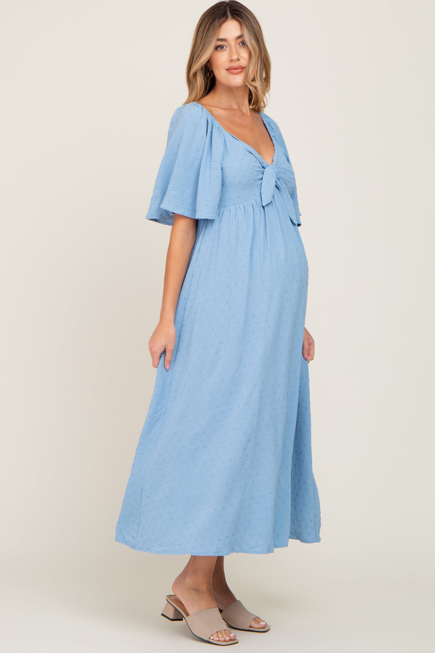 PinkBlush Blue Textured Dot Front Tie Ruffle Sleeve Maternity Midi DressEveretts Place