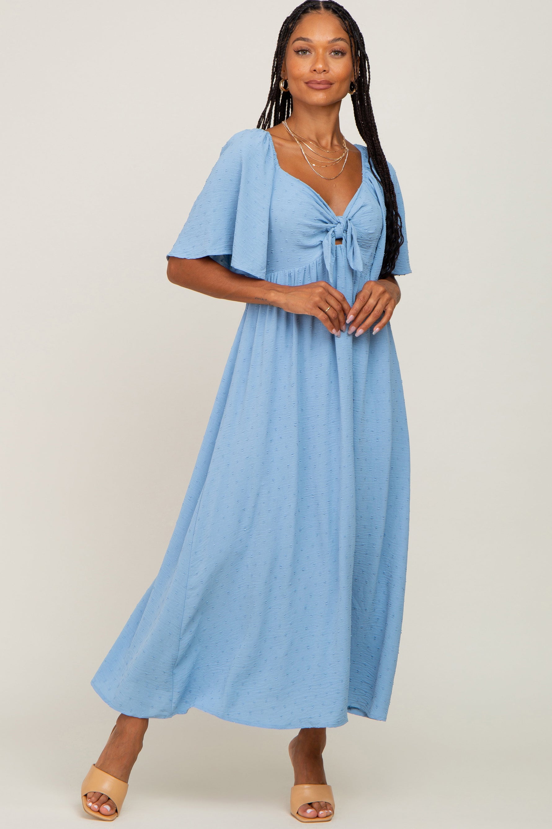 PinkBlush Blue Textured Dot Front Tie Ruffle Sleeve Maternity Midi DressEveretts Place