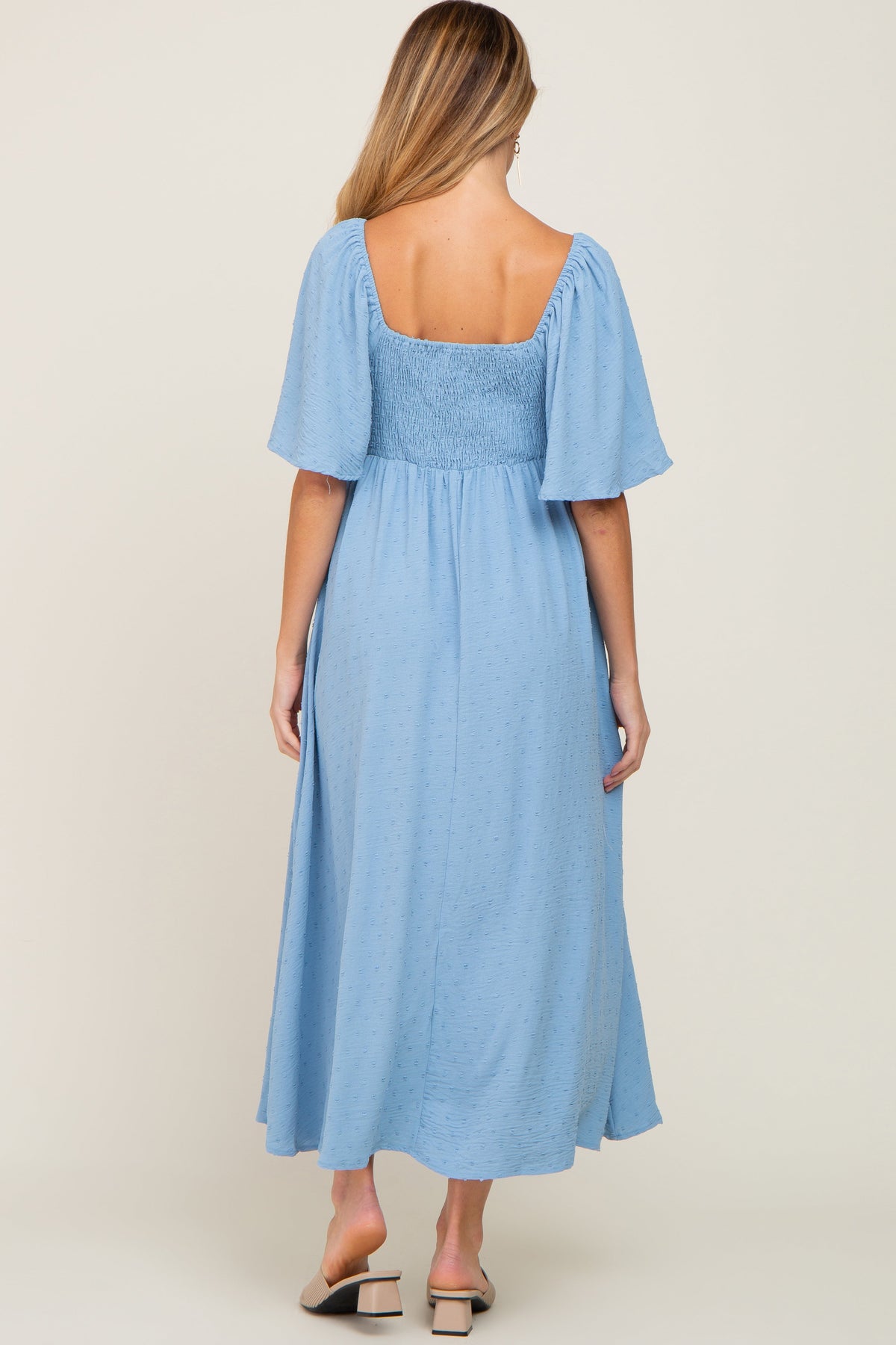PinkBlush Blue Textured Dot Front Tie Ruffle Sleeve Maternity Midi DressEveretts Place