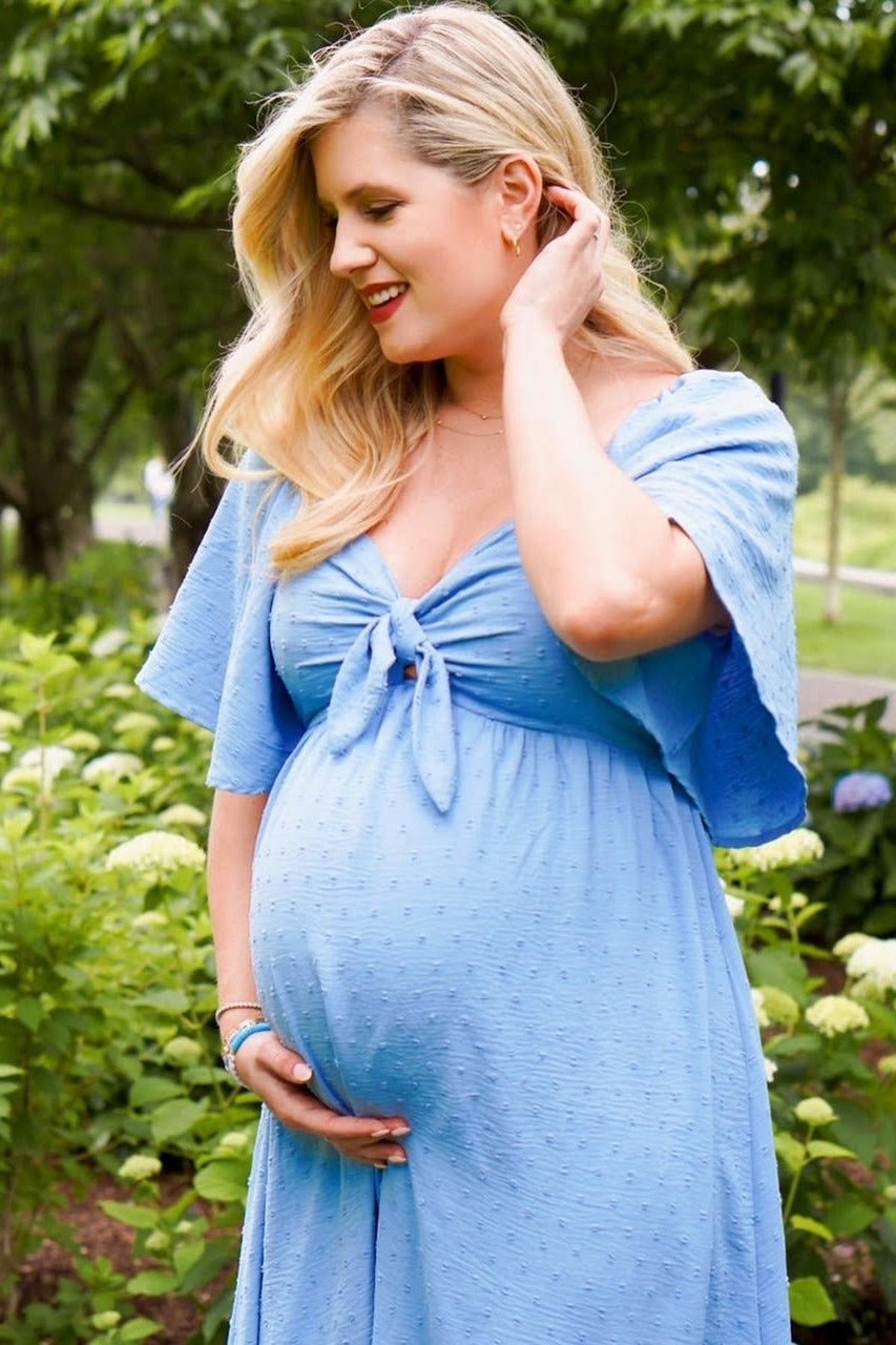 PinkBlush Blue Textured Dot Front Tie Ruffle Sleeve Maternity Midi DressEveretts Place