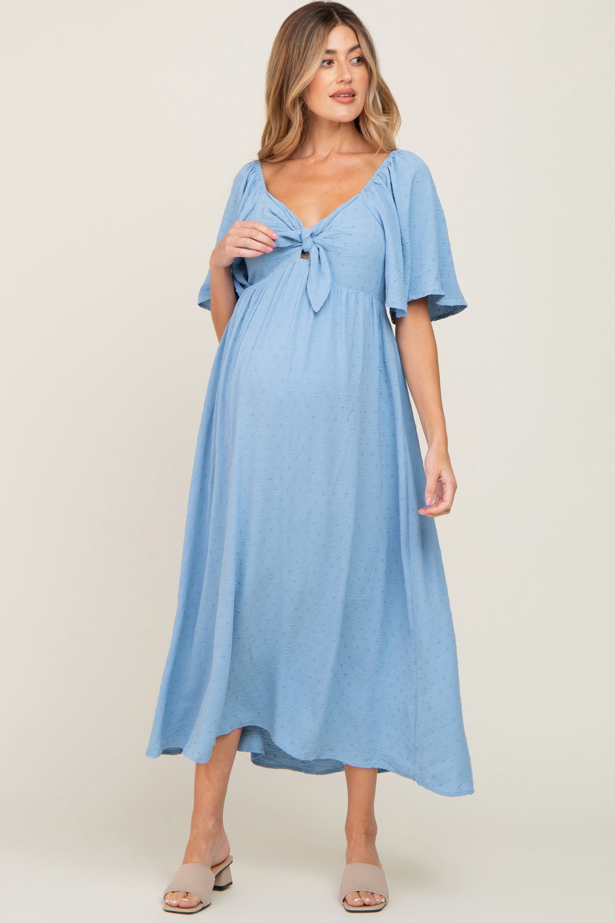 Blue Textured Dot Front Tie Ruffle Sleeve Maternity Midi Dress - Day Dress, Dress, One-piece garment, Blond, Photo shoot | Everetts Place