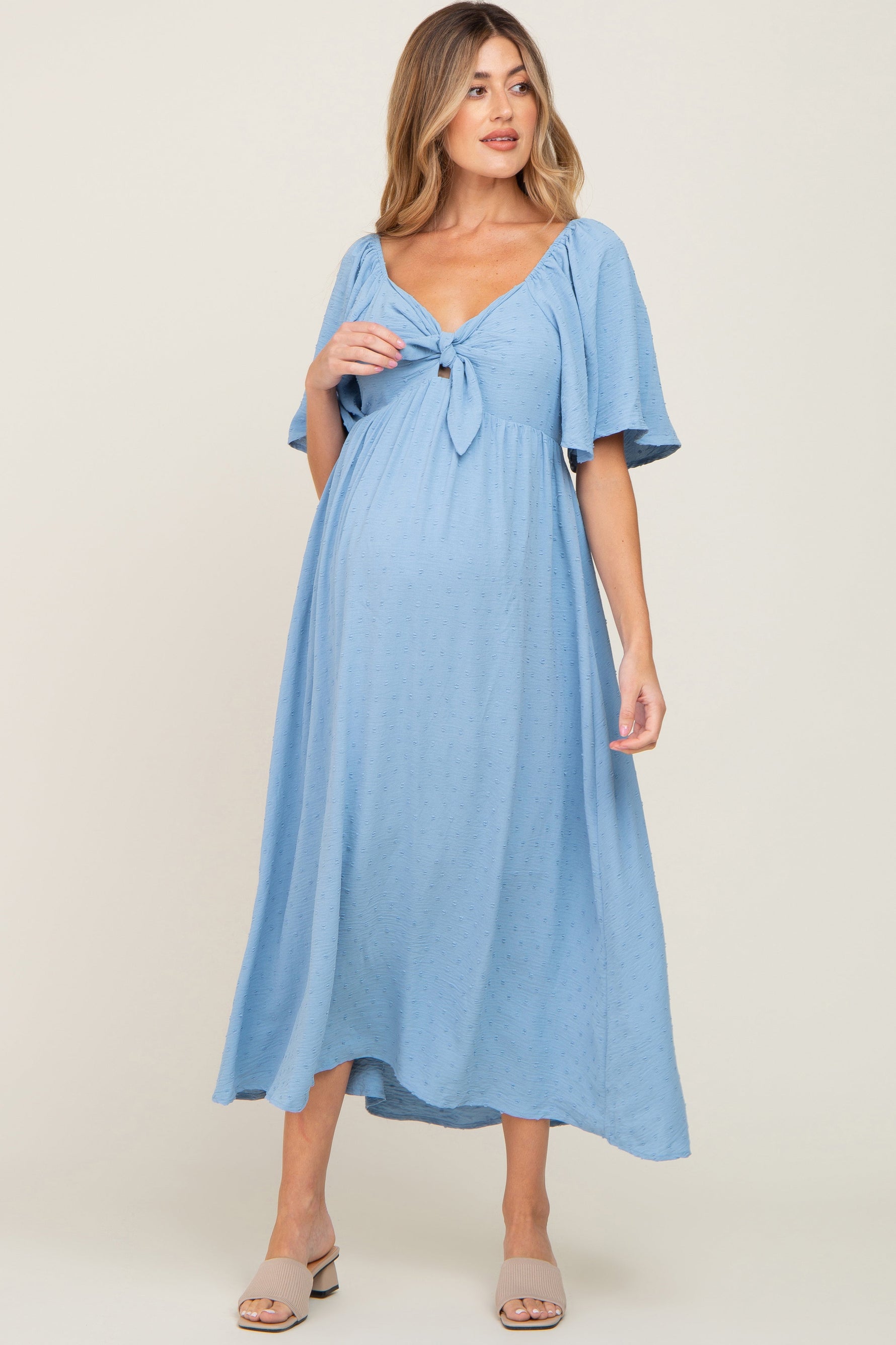 Blue Textured Dot Front Tie Ruffle Sleeve Maternity Midi Dress - Day Dress, Dress, One-piece garment, Blond, Photo shoot | Everetts Place