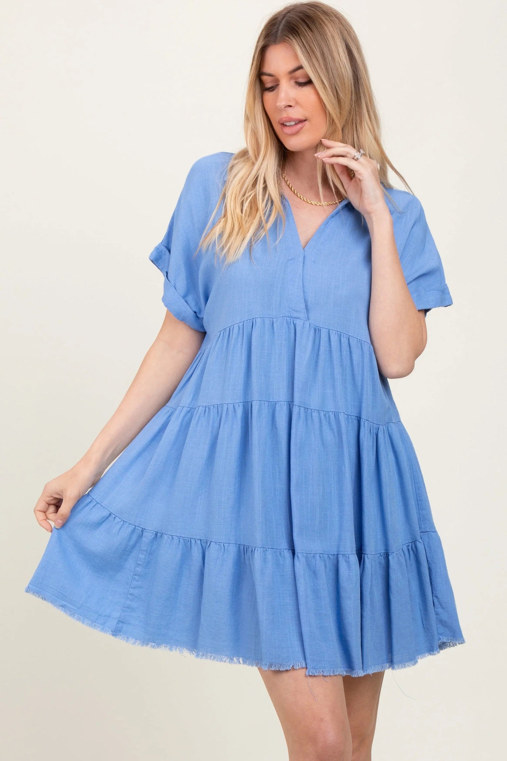 PinkBlush Blue Tiered Linen Dress - 