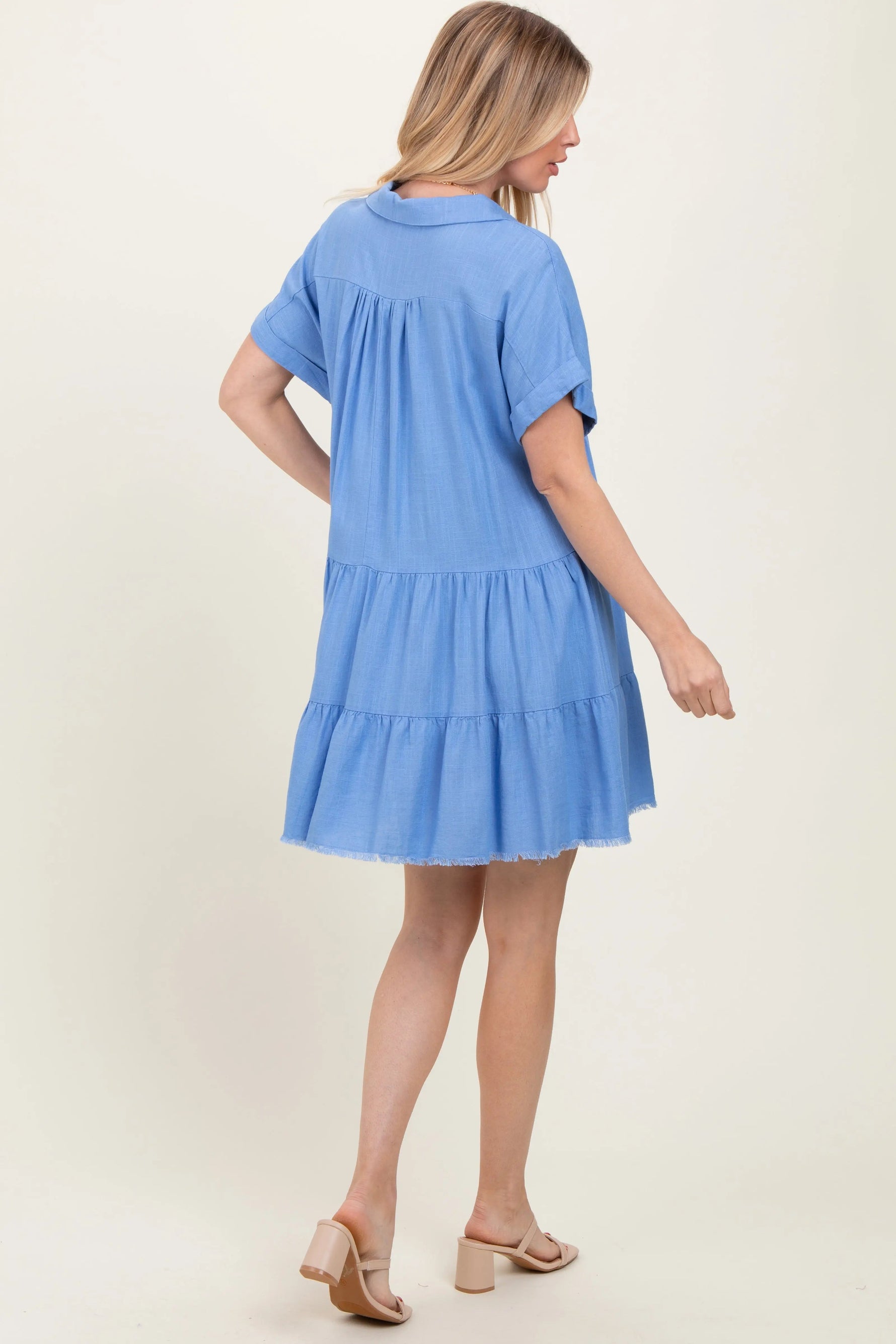 PinkBlush Blue Tiered Linen Dress - 
