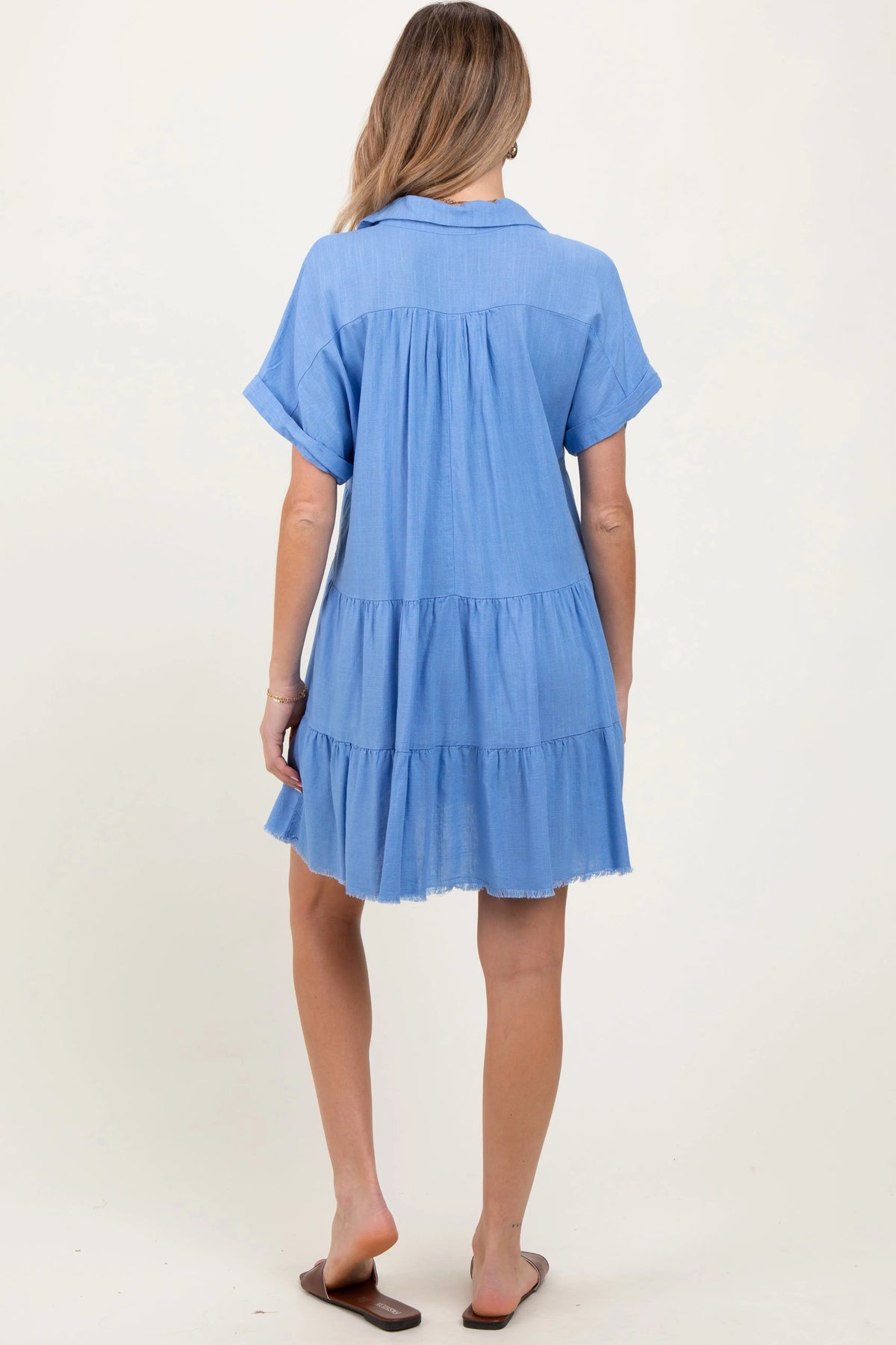 PinkBlush Blue Tiered Linen Maternity Dress - 