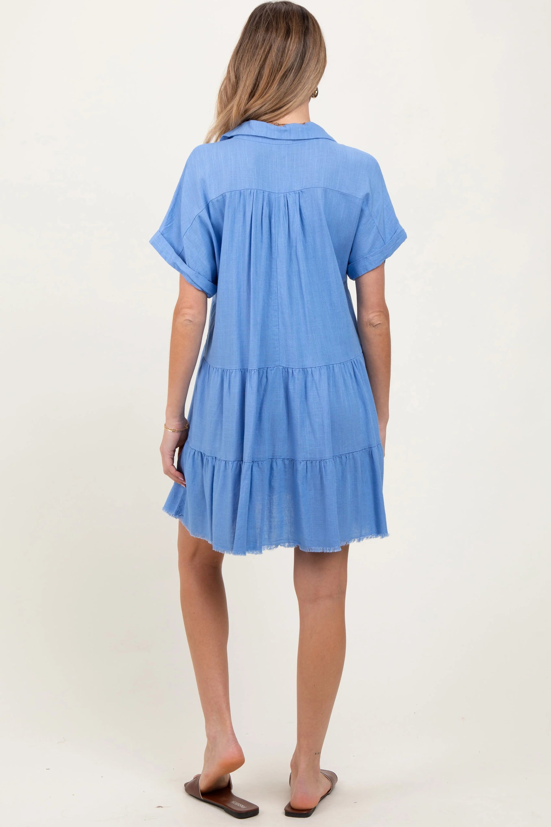 PinkBlush Blue Tiered Linen Maternity Dress - 