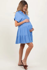 PinkBlush Blue Tiered Linen Maternity Dress - 