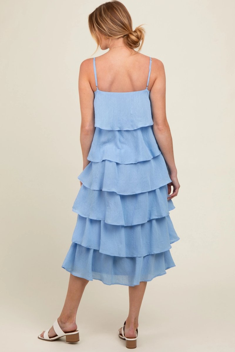 PinkBlush Blue Tiered Maternity Midi Dress for Comfortable Expecting Mothers - 