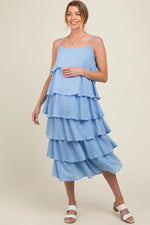 PinkBlush Blue Tiered Maternity Midi Dress for Comfortable Expecting Mothers - 
