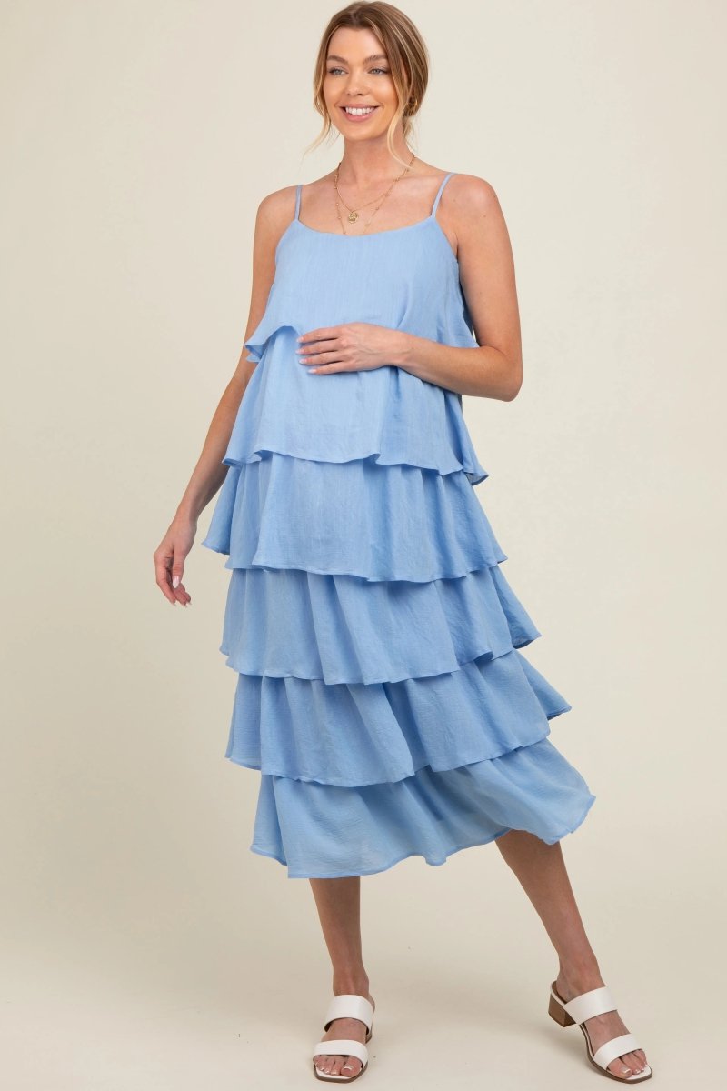 PinkBlush Blue Tiered Maternity Midi Dress for Comfortable Expecting Mothers - 
