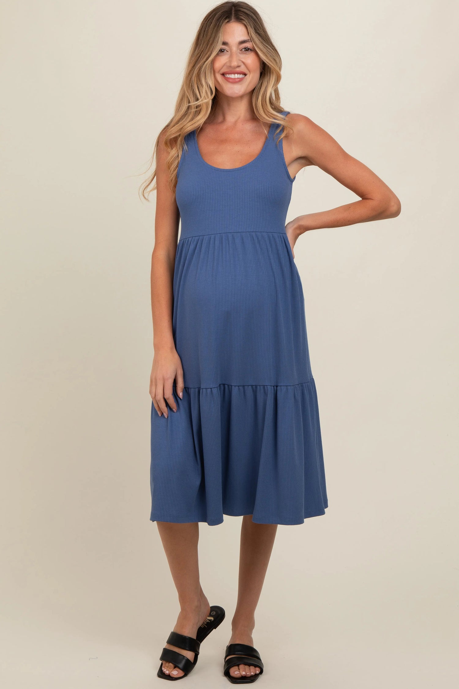 PinkBlush Blue Tiered Sleeveless Maternity Midi Dress - 