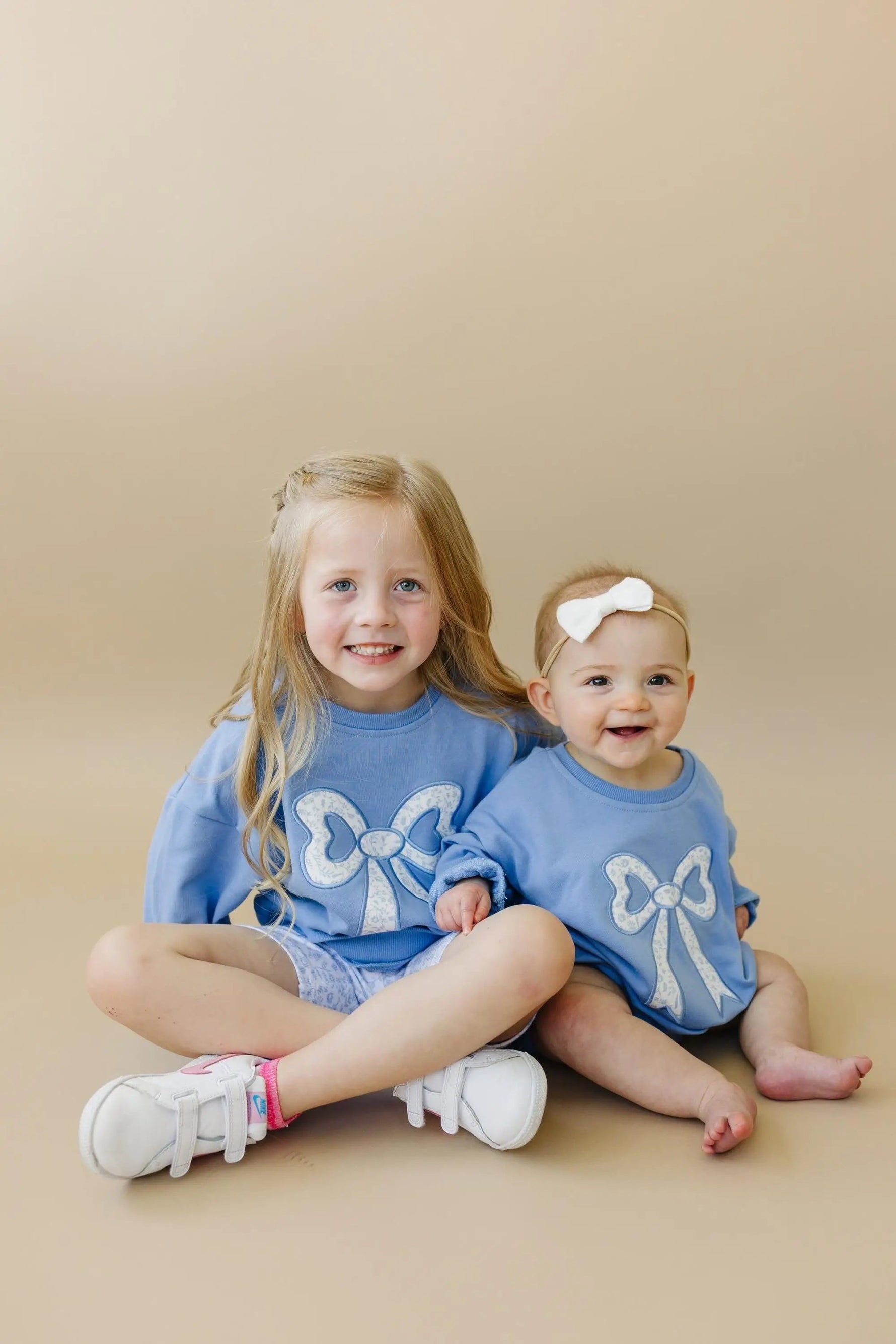 Little Joy Co. Blue Toile Applique Bow: Baby Sweatshirt Romper or Crewneck - 