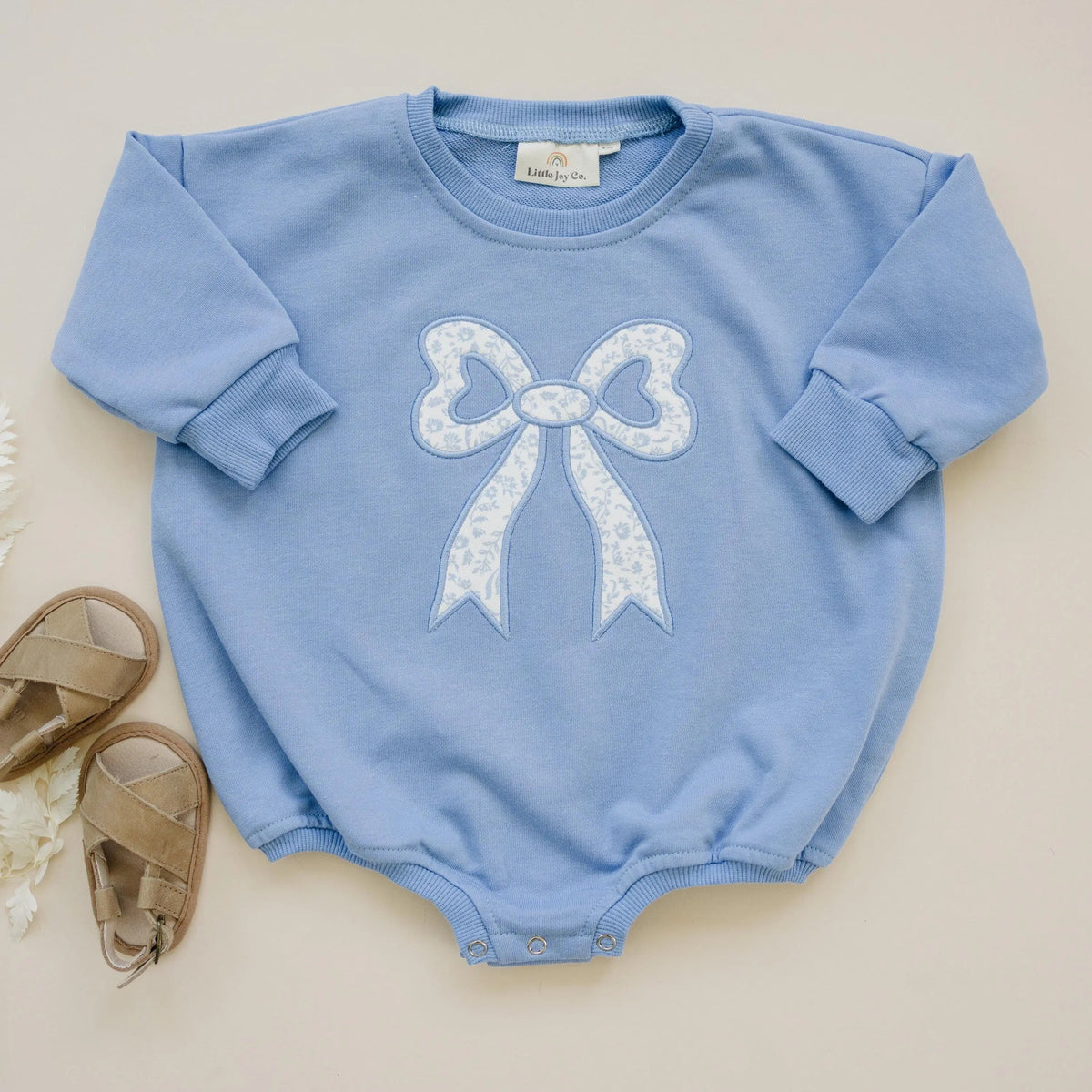 Little Joy Co. Blue Toile Applique Bow: Baby Sweatshirt Romper or Crewneck - 