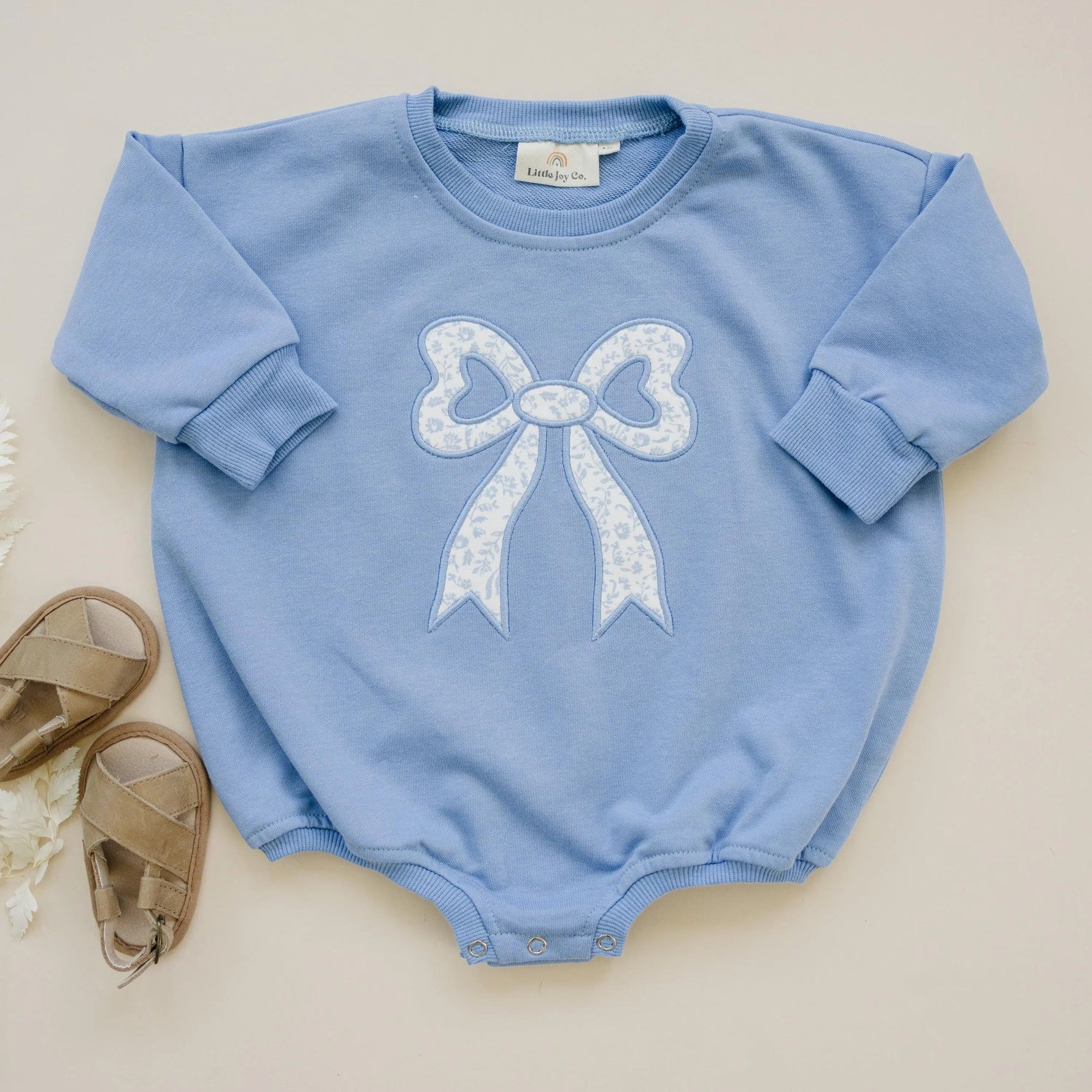 Little Joy Co. Blue Toile Applique Bow: Baby Sweatshirt Romper or Crewneck - 