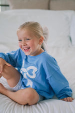 Little Joy Co. Blue Toile Applique Bow: Baby Sweatshirt Romper or Crewneck - 