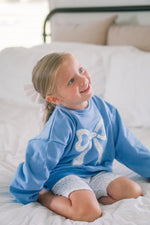 Little Joy Co. Blue Toile Applique Bow: Baby Sweatshirt Romper or Crewneck - 