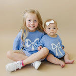 Little Joy Co. Blue Toile Applique Bow: Baby Sweatshirt Romper or Crewneck - 