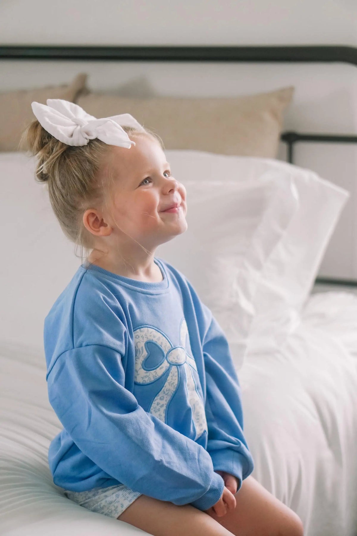 Little Joy Co. Blue Toile Applique Bow: Baby Sweatshirt Romper or Crewneck - 