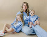 Little Joy Co. Blue Toile Applique Bow: Baby Sweatshirt Romper or Crewneck - 