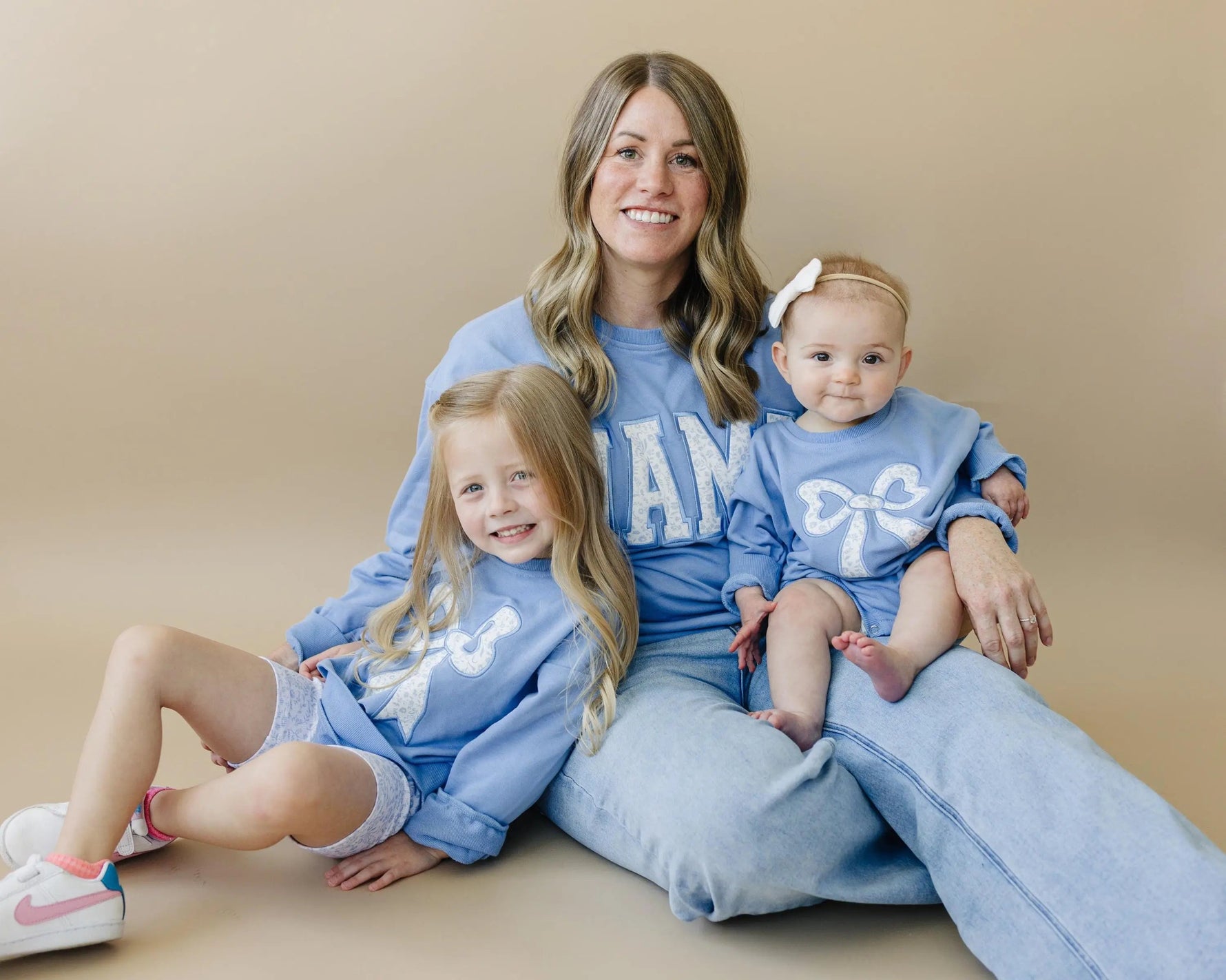 Little Joy Co. Blue Toile Applique Bow: Baby Sweatshirt Romper or Crewneck - 