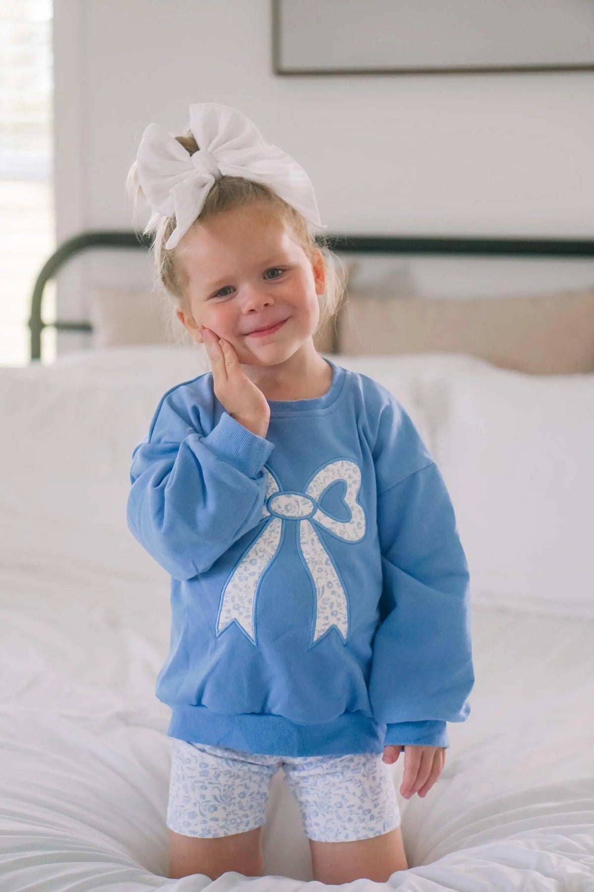 Little Joy Co. Blue Toile Applique Bow: Baby Sweatshirt Romper or Crewneck - 