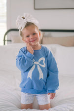 Little Joy Co. Blue Toile Applique Bow: Baby Sweatshirt Romper or Crewneck - 