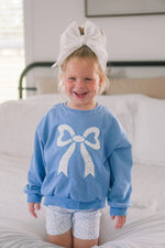 Little Joy Co. Blue Toile Applique Bow Crewneck Sweatshirt Romper Style - Everetts Place Boutique - 