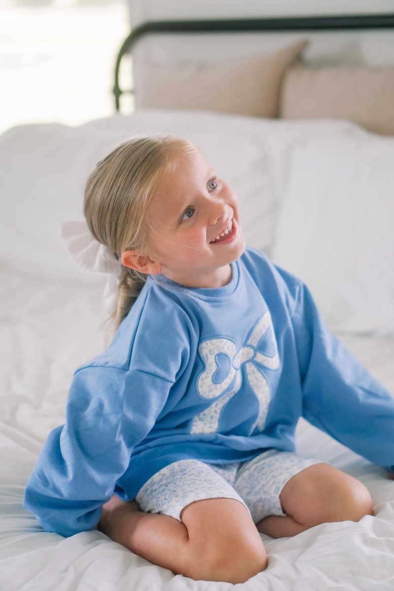 Little Joy Co. Blue Toile Applique Bow Crewneck Sweatshirt Romper Style - Everetts Place Boutique - 
