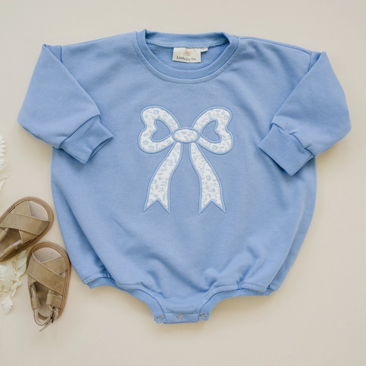Blue Toile Applique Bow Crewneck Sweatshirt Romper Style - Everetts Place Boutique - 