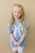 Little Joy Co. Blue Toile Applique Bow Crewneck Sweatshirt Romper Style - Everetts Place Boutique - 