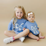 Little Joy Co. Blue Toile Applique Bow Crewneck Sweatshirt Romper Style - Everetts Place Boutique - 