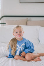 Little Joy Co. Blue Toile Applique Bow Crewneck Sweatshirt Romper Style - Everetts Place Boutique - 