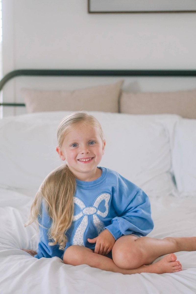 Little Joy Co. Blue Toile Applique Bow Crewneck Sweatshirt Romper Style - Everetts Place Boutique - 
