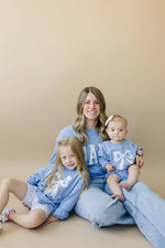 Little Joy Co. Blue Toile Applique Bow Crewneck Sweatshirt Romper Style - Everetts Place Boutique - 