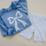 Little Joy Co. Blue Toile Applique Bow Crewneck Sweatshirt Romper Style - Everetts Place Boutique - 