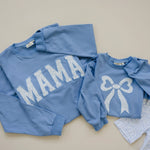 Little Joy Co. Blue Toile Applique Bow Crewneck Sweatshirt Romper Style - Everetts Place Boutique - 