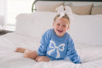 Little Joy Co. Blue Toile Applique Bow Crewneck Sweatshirt Romper Style - Everetts Place Boutique - 