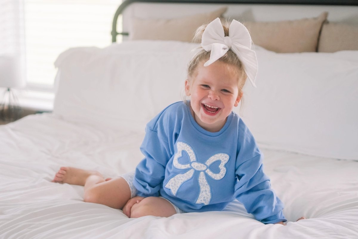 Little Joy Co. Blue Toile Applique Bow Crewneck Sweatshirt Romper Style - Everetts Place Boutique - 