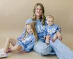 Little Joy Co. Blue Toile Applique Bow Crewneck Sweatshirt Romper Style - Everetts Place Boutique - 