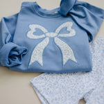Little Joy Co. Blue Toile Applique Bow Crewneck Sweatshirt Romper Style - Everetts Place Boutique - 