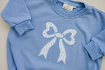 Little Joy Co. Blue Toile Applique Bow Crewneck Sweatshirt Romper Style - Everetts Place Boutique - 