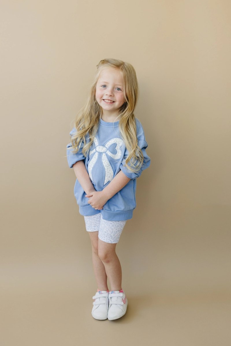 Little Joy Co. Blue Toile Applique Bow Crewneck Sweatshirt Romper Style - Everetts Place Boutique - 