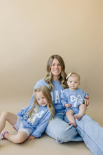 Little Joy Co. Blue Toile Applique Bow Crewneck Sweatshirt Romper Style - Everetts Place Boutique - 