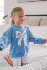 Blue Toile Applique Bow Crewneck Sweatshirt Romper Style - Everetts Place Boutique - 
