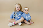 Little Joy Co. Blue Toile Applique Bow Crewneck Sweatshirt Romper Style - Everetts Place Boutique - 