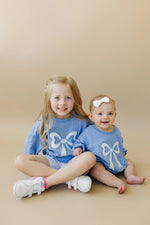 Little Joy Co. Blue Toile Applique Bow Crewneck Sweatshirt Romper Style - Everetts Place Boutique - 